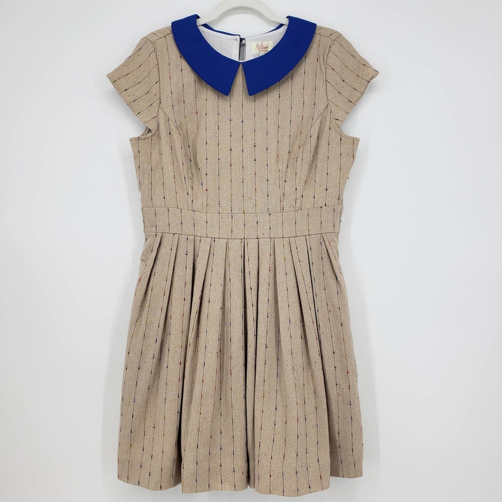 Modcloth Myrtlewood of California Dress L Taking the Train Fit & Flare Tweed Tan